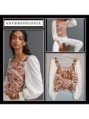Anthropologie Love the Label Smocked Puff Sleeve Eyelet blouse XL cream zebra
